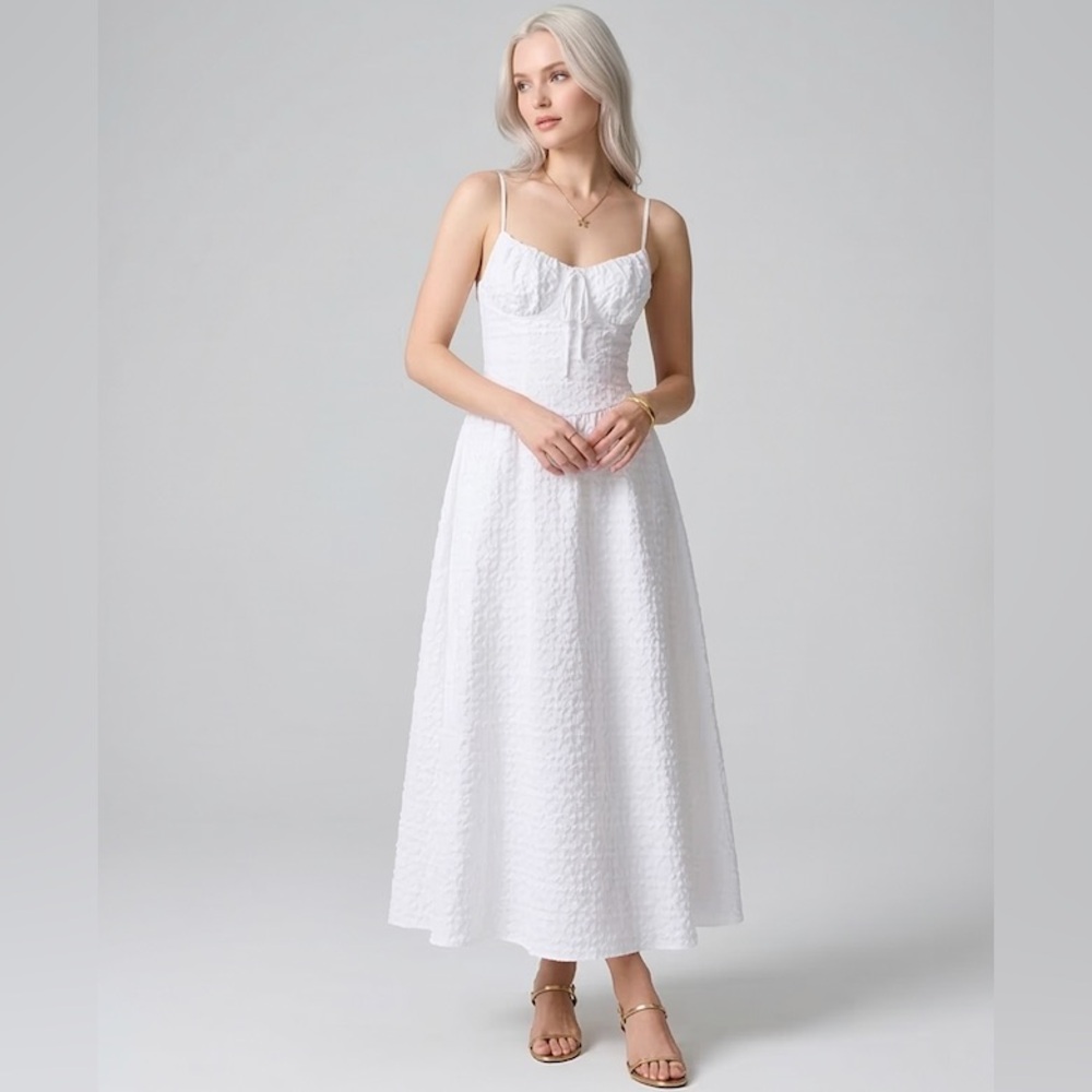 LAST ONE 🔥 Textured Midi Cottagecore Lace-Up Corset Dress White